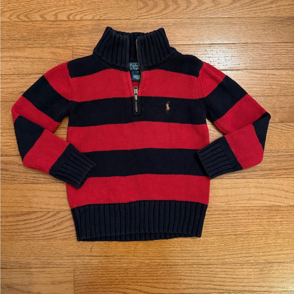 Polo Ralph Lauren Navy and Red Stripe Quarter Zip Sweater